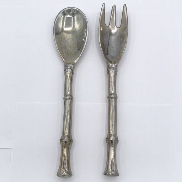 VTG 1996 Mariposa Heavy Cast Aluminum Salad Serving Utensils Faux Bamboo Handles - Picture 1 of 4